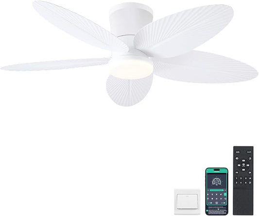 Palm Leaf Ceiling Fans with Lights-42 Tropical Ceiling Fan with Light and Remote/APP Control,Flush Mount Low Profile White Ceiling Fans for Bedroom,Indoor/Outdoor Patio Use