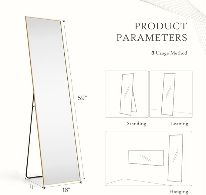 Full Length Mirror, 59"x 16" Floor Mirror with Aluminum Alloy Thin Frame, Full Body Mirror Hanging or Leaning for Wall Bedroom Dressing Home Decor, Gold