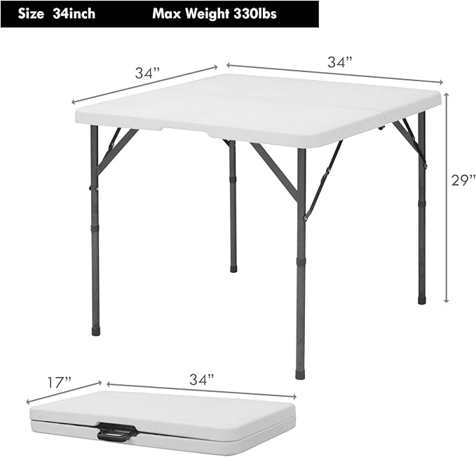 34" Square Folding Table Outdoor Foldable Folding Table,Perfect for Camping Picnics Parties Foldable Table with Ideal Portable Folding Tables for Indoor & Outdoor Use (White, 3 Foot Square)