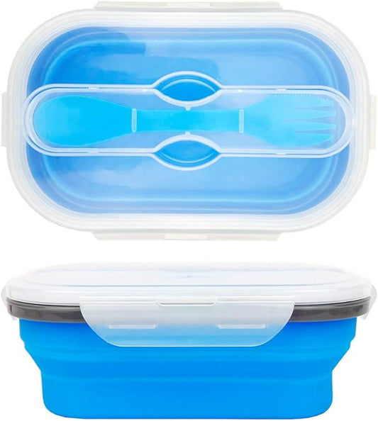 CARTINTS 800ml Collapsible Bento Lunch Box, Silicone Food Storage Container, with Leakproof Lids and Spoon, Microwave Freezer Safe, Blue