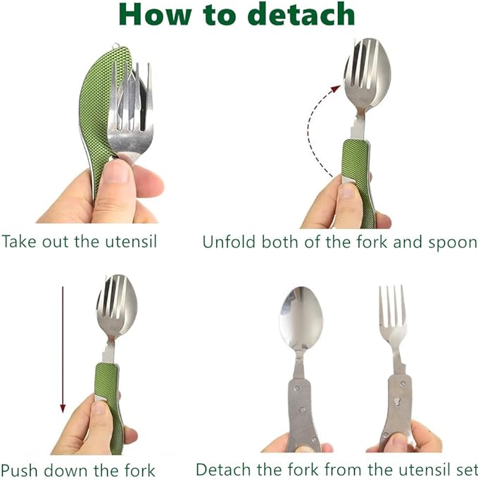 4-in-1 Portable Foldable Utensil Set Compact Knife Fork Spoon Bottle Opener Kit Stainless Steel Utensils for Camping Hiking Travel (Black + Green)