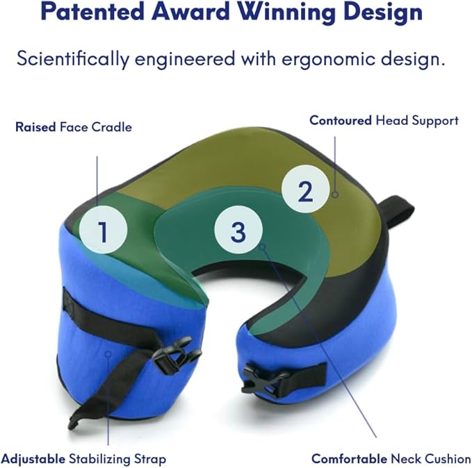 C CUSHION LAB Travel Pillow, Award-Winning Patented Ergonomic Design for Chin & Neck Support Memory Foam Neck Pillow, Compact Airplane Pillow for Traveling, Flight, Car (Cobalt Blue, Large)