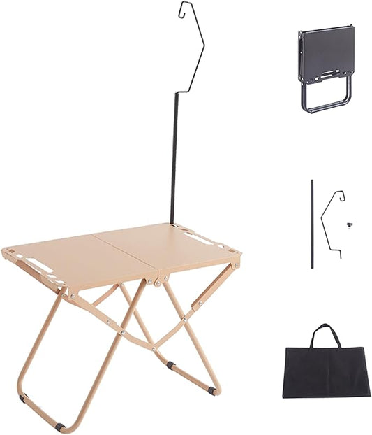 Folding Camping Table with Lantern Pole, Carbon Steel, Portable Outdoor Table for BBQ, Fishing, Hiking, Picnic
