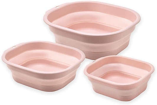 Collapsible Wash Basin Set of 3, Foldable Large Medium Small Wash Basins, Portable Plastic Basins for Laundry, Bottles, Travel, Camping (Pink)