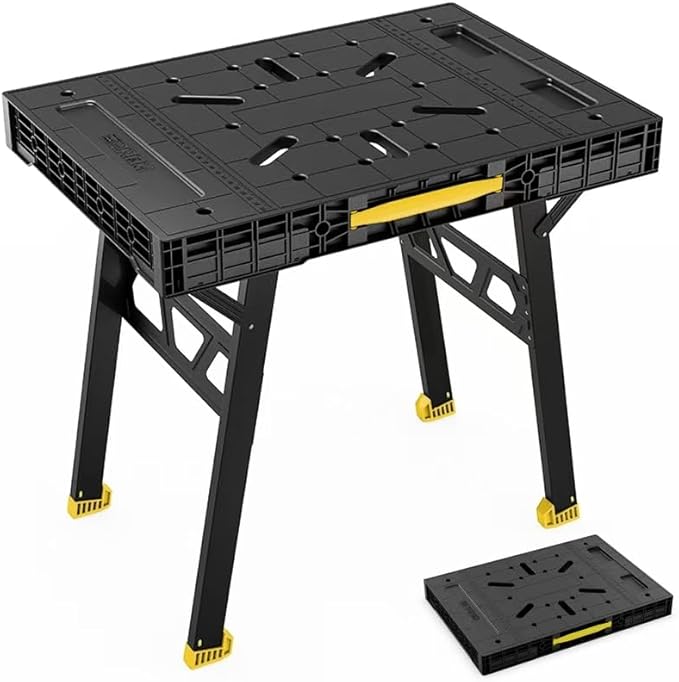 Express Folding Work Table, Easy Setup Portable Folding Work Table & Portable Folding Workbench, 34" W x 25" D x 31" H Lightweight Versatile Clamping Worktable for Garage/Wood Shop (Yellow)