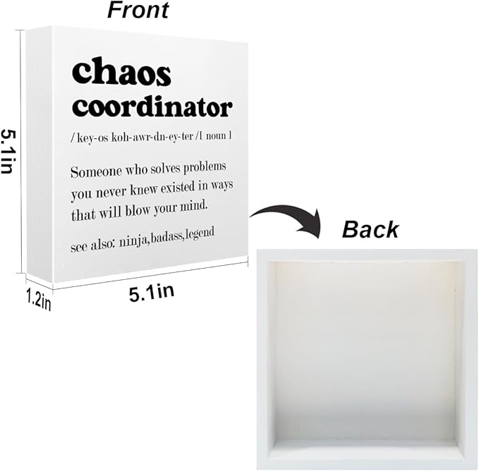Funny Chaos Coordinator Office Supplies Rustic Desk Decor White Wooden Box Sign Thank You Gifts for Coworker Manager Boss Teacher Farmhouse Wood Plaque Cubicle Accessories Home Shelf Table Decorations