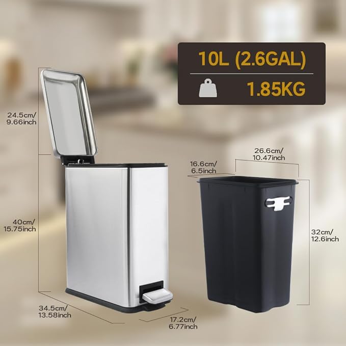 Bathroom Trash Can, 10 Liter / 2.6 Gallon Stainless Steel Garbage Can with Removable Inner Bucket, Soft Close Lid Step Trash Bin for Bedroom, Office, Kitchen, Brushed Silver