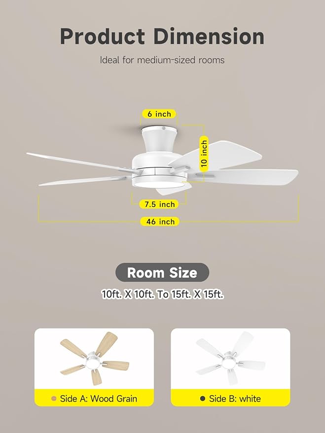 TALOYA Ceiling Fans with Lights and Remote, 46 Inch Low Profile Ceiling Fan with Light, Flush Mount, Reversible, 3CCT, Dimmable White Modern Ceiling Fan for Bedroom, Living Room, Outdoor Patio