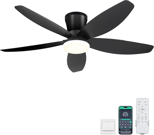 42" Ceiling Fans with Lights-Low Profile Ceiling Fan with Light and Remote/APP Control,Flush Mount,DC Reversible,LED Dimmable Black Ceiling Fans for Bedroom,Indoor/Outdoor Patio Use