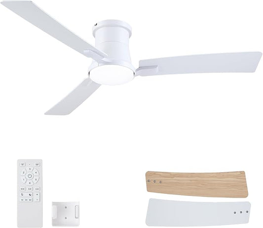 52 Inch Ceiling Fans with Lights,White Modern Flush Mount Ceiling Fans,Low Profile Ceiling Fan for Bedroom,Courtyards,Living Room,3CCT Dimmable,6-Speed Reversible,Noiseless&Quiet Motor,ETL Listed