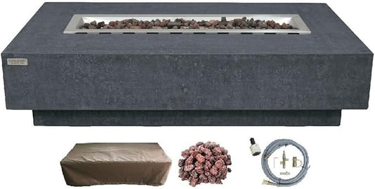 Elementi | Hampton Gas Fire Pit Cast Concrete 56" Rectangular Fire Table, Outdoor Fire Pit Electronic Ignition | Canvas Cover, Lava Rock Included | Dark Gray (Natural Gas)