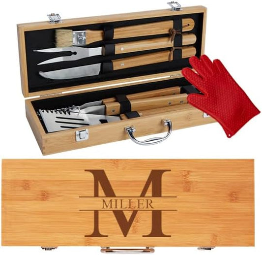 Personalized Custom BBQ Grill Set, Gift for Dad Husband - Engraved 10 pc Set with Grilling Tools