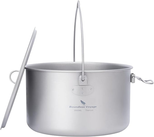 iBasingo Titanium Camping Pot with Lid 2.9L Ultralight Backpacking Cookware with Foldable Handle for Hiking, Picnic & Outdoor Durable Portable Metal Cooking Ti Hanging Pot Ti2045C