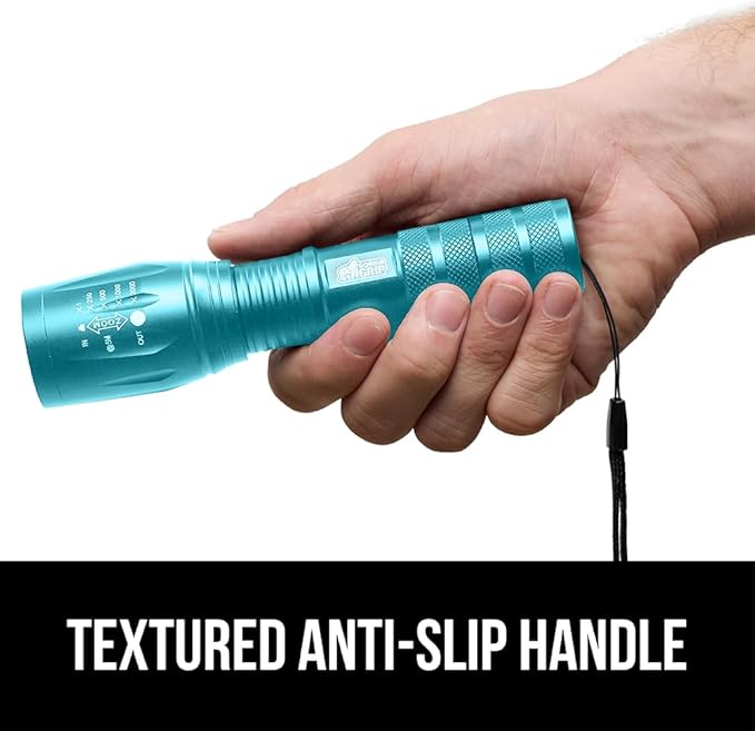 GORILLA GRIP Powerful LED Tactical Flashlight, 750 FT High Lumens 5 Adjustable Modes, Water Resistant, Ultra Bright Zoom Flashlights, Small Mini Flash Light, Camping, Night Dog Walking, Turquoise