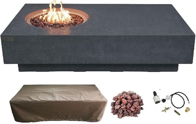 Elementi | Metropolis Gas Fire Pit Cast Concrete 56" Rectangular Fire Table, Outdoor Fire Pit Electronic Ignition | Canvas Cover, Lava Rock Included | Dark Gray (Propane Gas)