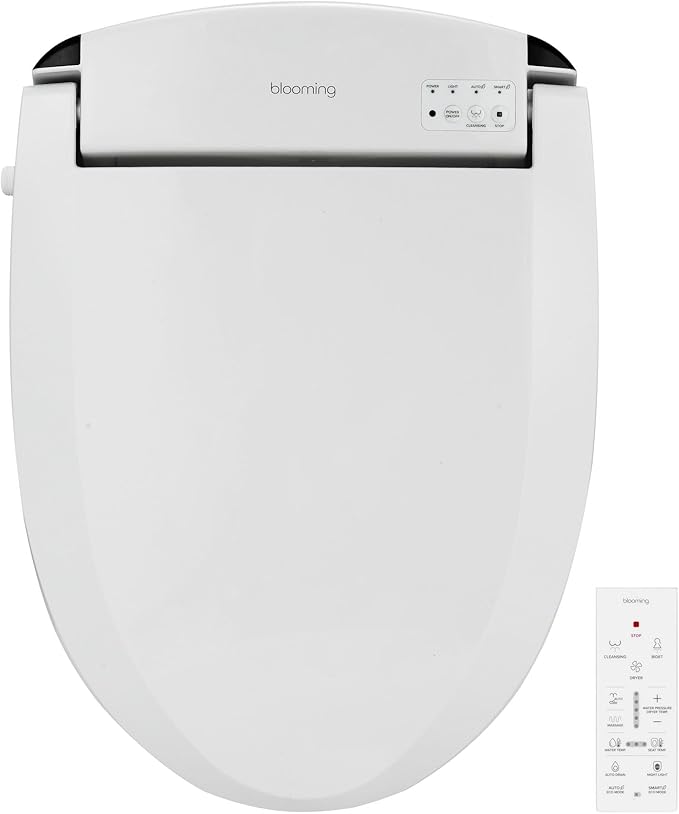 Blooming NB-R1060TE Bidet Toilet Seat, Smart Toilet Seat with Dual Nozzle, Warm Water, Dryer, Heated Seat, Ambient Nightlight, Electric Bidet with Remote (White/Elongated)