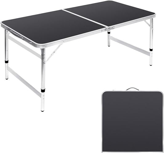 Folding Table Portable Picnic Table 4FT Camping Table Camp Table Black Aluminum Outdoor for Card BBQ 47×23.6×27/24/21 inch