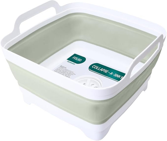 Collapsible Dish Basin with Drain Plug and Carry Handles - 9L Capacity, Portable Sink Tub for Camping and RV