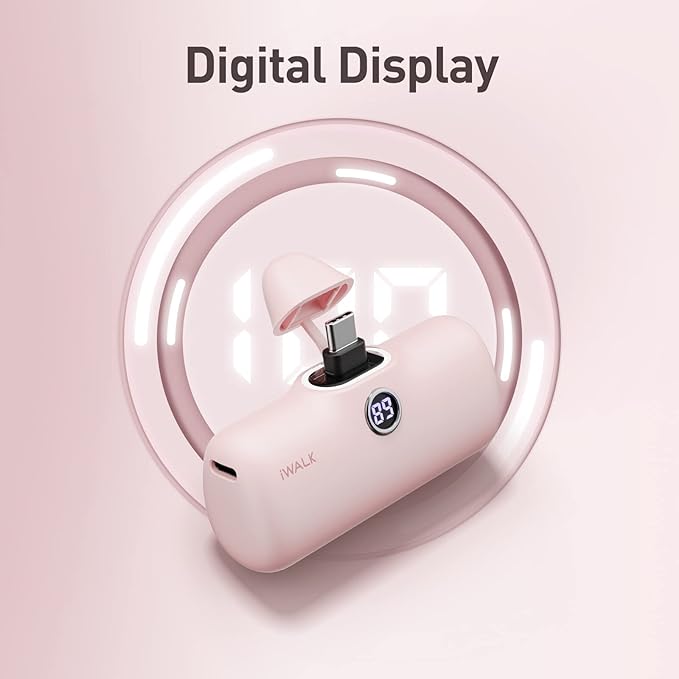 iWALK Small Portable Charger, 4,800mAh 18W PD Fast Charging Power Bank with Built-in USB-C Connector, External Mini Battery Pack for Samsung Galaxy S25/S24/S23, Android, iPhone 15/16/Pro/Max, Pink