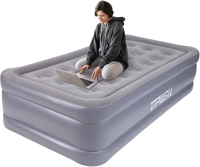UPWELL Inflatable Air Mattress Twin with Built in Pump Comfort Blow up Bed Waterproof Fast&Easy Set up Dura Beam Strong Support Mattress for Home Guests & Camping Grey