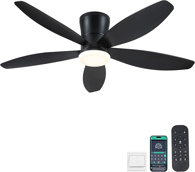 48" Ceiling Fans with Lights-Low Profile Ceiling Fan with Light and Remote/APP Control,Flush Mount,DC Reversible,LED Dimmable Blakc Ceiling Fans for Bedroom,Indoor/Outdoor Patio Use