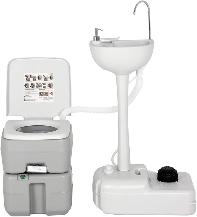 Giantex Outdoor Wash Sink and Potable Toilet Set 4.5 Gallon Sink & 5.3 Gallon Toilet, Flush Wastewater Recycled W/Tower Holder, Level Indicator, 3 Way Flush for Camping Portable Sink and RV Toilet