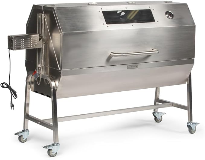 Ash & Ember 25 Watt Stainless Steel BBQ Rotisserie Grill, Rated 125 LB for Medium Game, Hood with Viewing Window, Portable Electric Outdoor Roaster with Dual Prongs, Single Leg Bracket, and Spine Fork