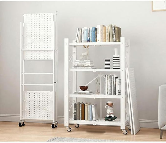 4-Tire Storage Rack, Height Adjustable, 40 * 13 * 50in Foldable Metal Garage Storage Shelves Organizer, Portable Metal Kitchen Shelving, Closet Shelving Unit Bakers Rack (White 4 Shelfs)
