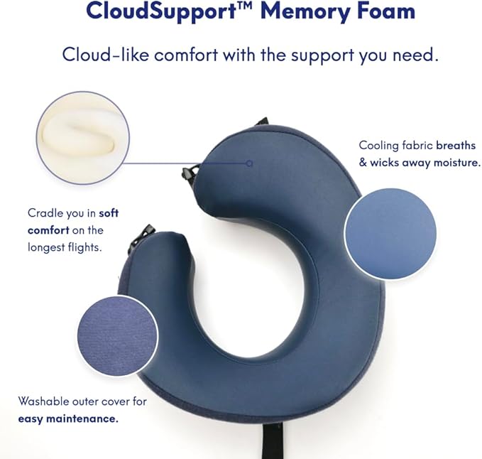 C CUSHION LAB Travel Pillow, Award-Winning Patented Ergonomic Design for Chin & Neck Support Memory Foam Neck Pillow, Compact Airplane Pillow for Traveling, Flight, Car (Navy, Large)