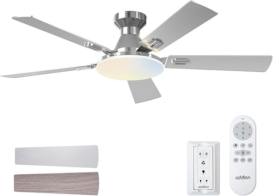 addlon Ceiling Fans with Lights, 52 inch Flush Mount Ceiling fan with Remote Control, Wall Remote, Reversible, 5CCT, Dimmable, Noiseless DC Motor, Nickel Low Profile Ceiling Fan for Bedroom, Farmhouse