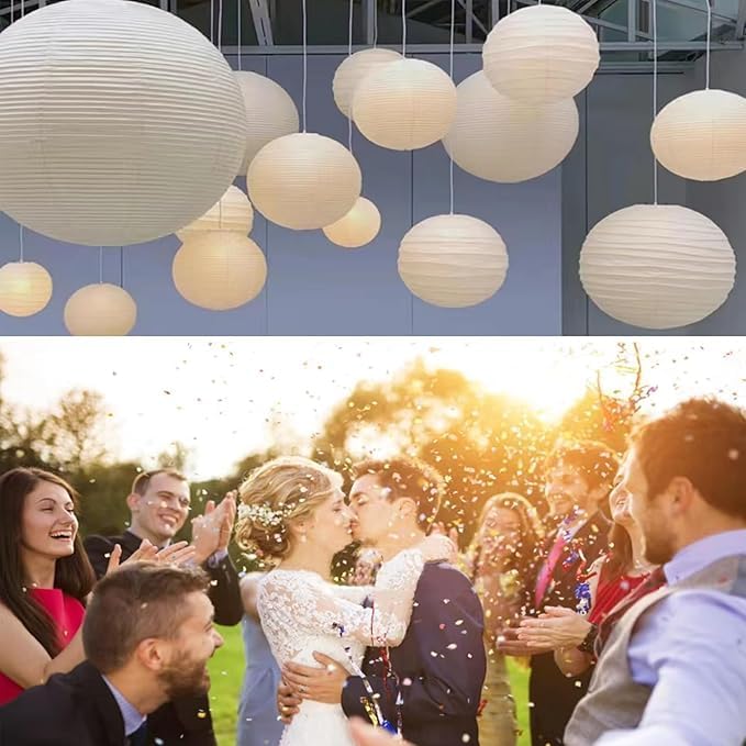 12Pcs White Paper Lanterns - Chinese Japanese Round Hanging Lamp for Wedding, Bridal, Outdoor, Garden, Home, Party Decorations (Size of 6", 8", 10", 12")