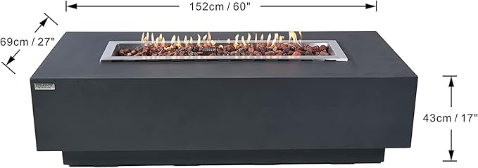Elementi | Granville Gas Fire Pit Cast Concrete 60" Rectangular Fire Table, Outdoor Fire Pit Electronic Ignition | Canvas Cover, Lava Rock Included | Dark Gray (Natural Gas)