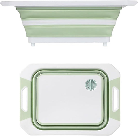 Camping Collapsible Cutting Board Dish Basin BBQ Prep Tub Camp Sink Dish Washing Station Multifunctional Storage Basket(Green white)
