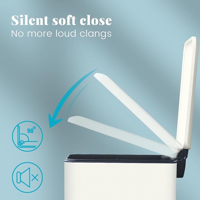 8 Gallon Slim Trash Can with Soft Close Lid, Stainless Steel Trash Can with Removal Inner Bucket, Hand -Free Trash Bin for Kitchen, Office, Laundry, Bathroom, 30 Liter Capacity, White