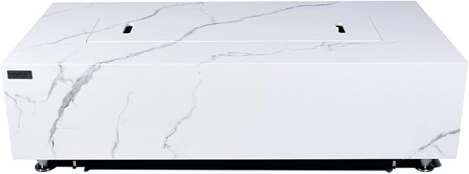 Elementi+ | Carrara Gas Fire Pit | Marble Porcelain & Metal Frame | 60" Rectangular Fire Table | Electronic Ignition | Canvas Cover, Fire Glass & Burner Lid Included | White | Propane Gas