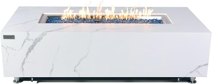 Elementi+ | Carrara Gas Fire Pit | Marble Porcelain & Metal Frame | 60" Rectangular Fire Table | Electronic Ignition | Canvas Cover, Fire Glass & Burner Lid Included | White | Natural Gas