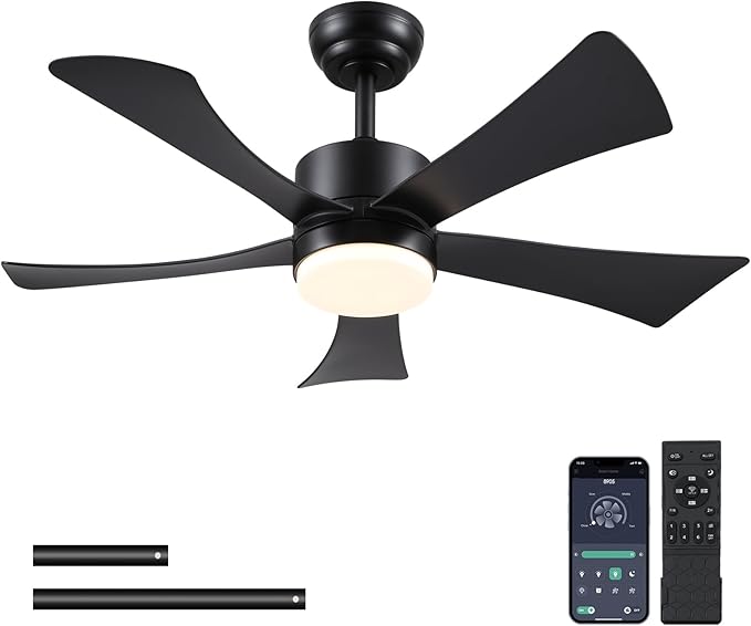 42 inch Ceiling Fans with Lights, Modern Black Ceiling Fan with Remote Control App, DC Motor Quiet, 3CCT Dimmable Memory, Led Sloped Flat Ceiling Fan with Light for Bedroom Indoor&Outdoor Patio