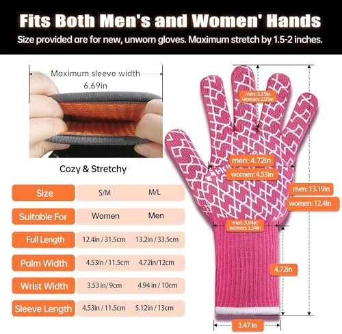 HandLove BBQ Gloves, Oven Gloves with Fingers – Heat Resistant Gloves for Grilling | Silicone Grip, Long Cuff Mitts - Kitchen & Outdoor Barbecue, Cooking, Baking, Pink S