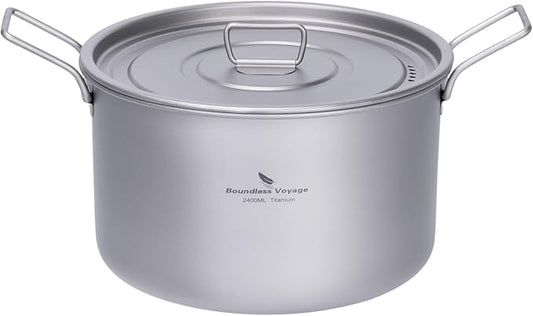 iBasingo 2.4L Titanium Soup Pot with Lid Camping Cookware with Foldable Handle Portable Lightweight Outdoor Kitchen Cooking Kit for Backpacking Hiking Picnic Fishing Mountaineering Ti2108C