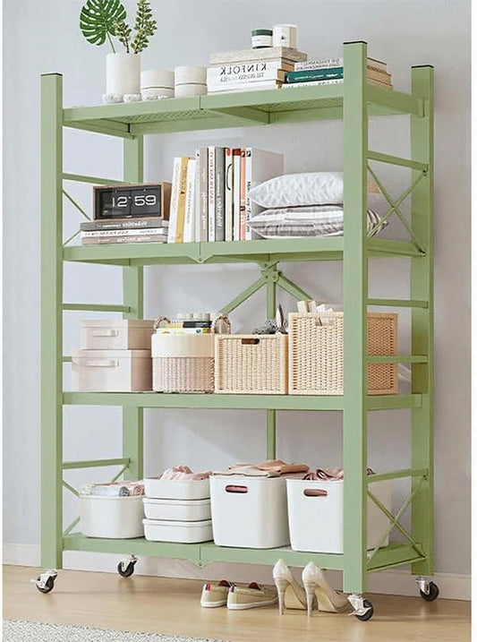 4-Tire Storage Rack, Height Adjustable, 32 * 13 * 50in Foldable Metal Garage Storage Shelves Organizer, Portable Metal Kitchen Shelving, Closet Shelving Unit Bakers Rack (Green 4 Shelfs)