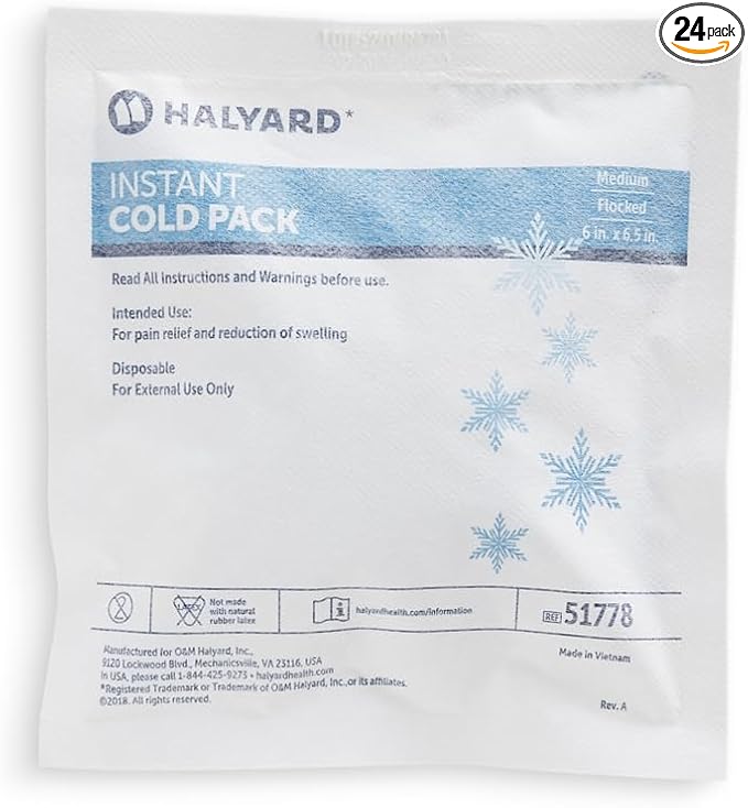 HALYARD Instant Cold Pack Disposable Cold Compress Ice Packs w/Flocking for Swelling Injuries Toothaches Sprains Strains 6 X 6.5 Inches, 24 Packs Per Case - 51778