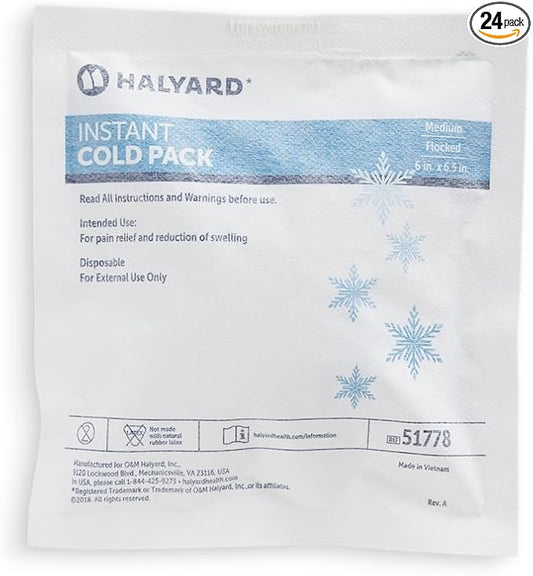 HALYARD Instant Cold Pack Disposable Cold Compress Ice Packs w/Flocking for Swelling Injuries Toothaches Sprains Strains 6 X 6.5 Inches, 24 Packs Per Case - 51778