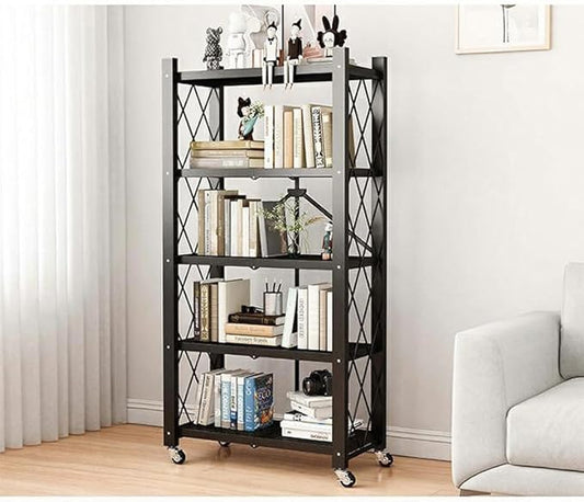 4-Tire Storage Rack, 28*13*63.8in Foldable Metal Garage Storage Shelves Organizer, Portable Metal Kitchen Shelving, Closet Shelving Unit Bakers Rack Microwave Stand, Black(Tiered Shelf-5)