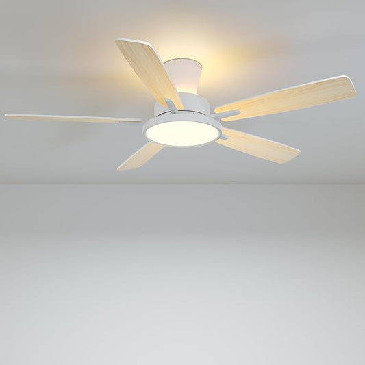 TALOYA Ceiling Fans with Lights and Remote, 52 inch Low Profile Ceiling Fan with Nightlight, Flush Mount, Reversible, 3CCT, Dimmable White Modern Ceiling Fan for Bedroom, Living Room, Outdoor Patio