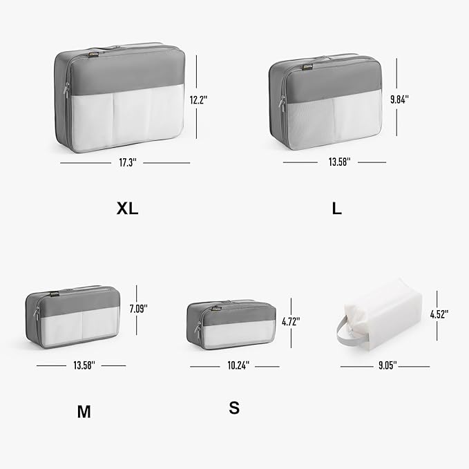 5 Set Compression Packing Cubes for Travel, Space Saving Luggage Organizer Bags (Silver)