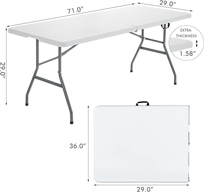 Goplus 6ft Folding Table, Indoor Outdoor Foldable Plastic Folding Tables, Heavy-Duty Rectangular Fold Up Table w/Handle, Portable Utility Card Table for Picnic, Party, Dining, Camping, Beach, White