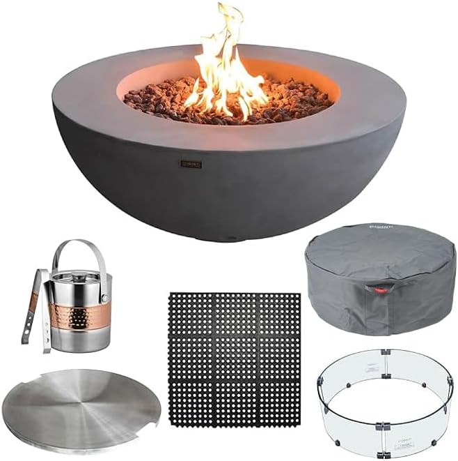 Elementi Lunar Bowl Fire Pit Bundle Outdoor Firepit Set Includes 42” Natural Gas Concrete Firepit, Glass Windscreen, Stainless Steel Cover, Canvas Cover, Floor Mat, Ice Bucket