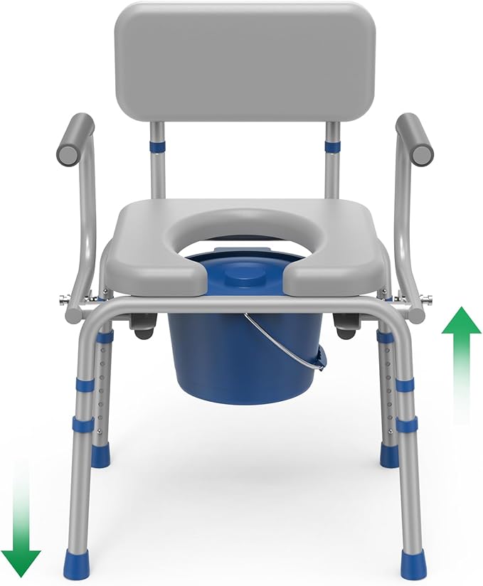 Drop Arm Bedside Commode, Commode with Padded Seat and Backrest, 500lbs Capacity, 5.81QT Removable Bucket, Adjustable Height Portable Toilet for Adults, Gray