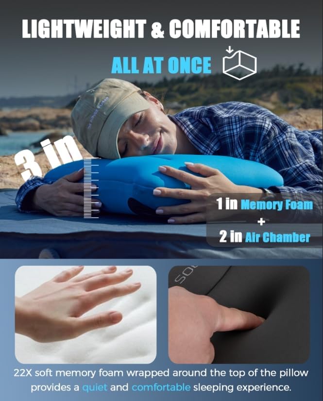 KingCamp Memory Foam Camping Pillow, Extra Large Inflatable Camp Pillow, Portable Ergonomic Air Pillow with Removable Washable Cover for Camping, Hiking, Car, Beach, Travel