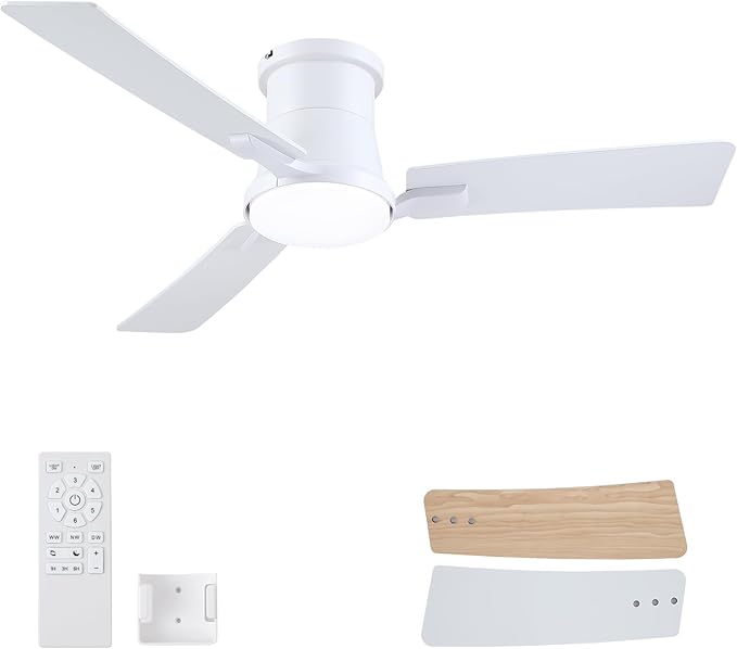 42 Inch Ceiling Fans with Lights and Remote,White Low Profile Ceiling Fan with Light,Flush Mount,Reversible,6 Speeds,3CCT Dimmable,for Bedroom,Living Room,Indoor Patio